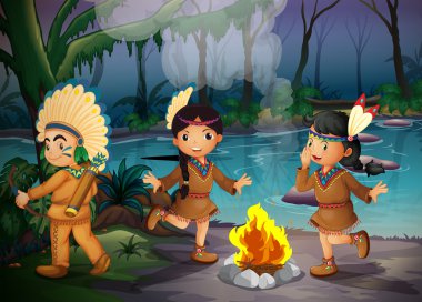 Three Indian kids inside the forest clipart