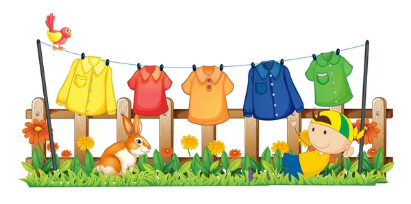 A young boy playing in the garden near the hanging clothes — Stock Vector