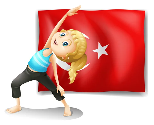 The flag of Turkey with a girl exercising — Stock Vector