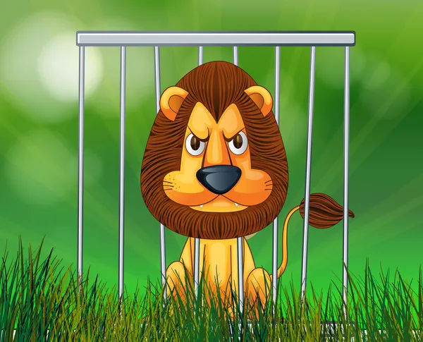 Un león aterrador dentro de la jaula — Vector de stock