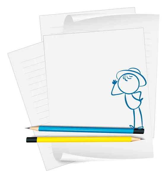 Ett papper med en ritning av en pojke som bär en hatt — Stock vektor