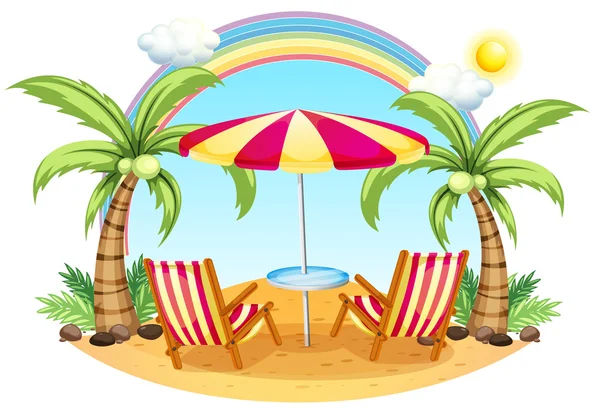 A seashore with a beach umbrella and chairs — Stock Vector