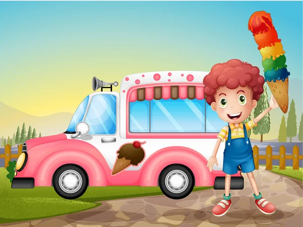 一个男孩吃冰激凌和粉红色的车 — 图库矢量图片