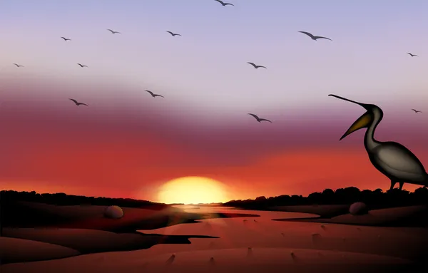 Um pôr-do-sol com um bando de pássaros — Vetor de Stock