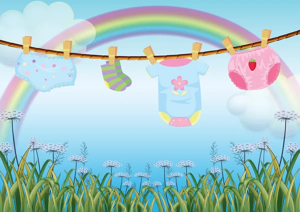 Opknoping kleren van de baby onder de regenboog — Stockvector