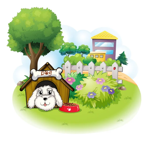 A white puppy inside a doghouse — Stock Vector