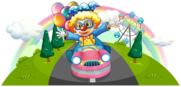 Ein Clown reitet in einem rosa Auto mit Luftballons — Stockvektor