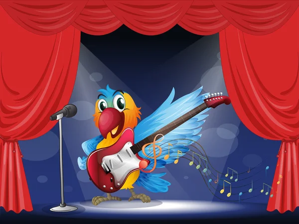 Seekor burung beo dengan gitar di panggung - Stok Vektor