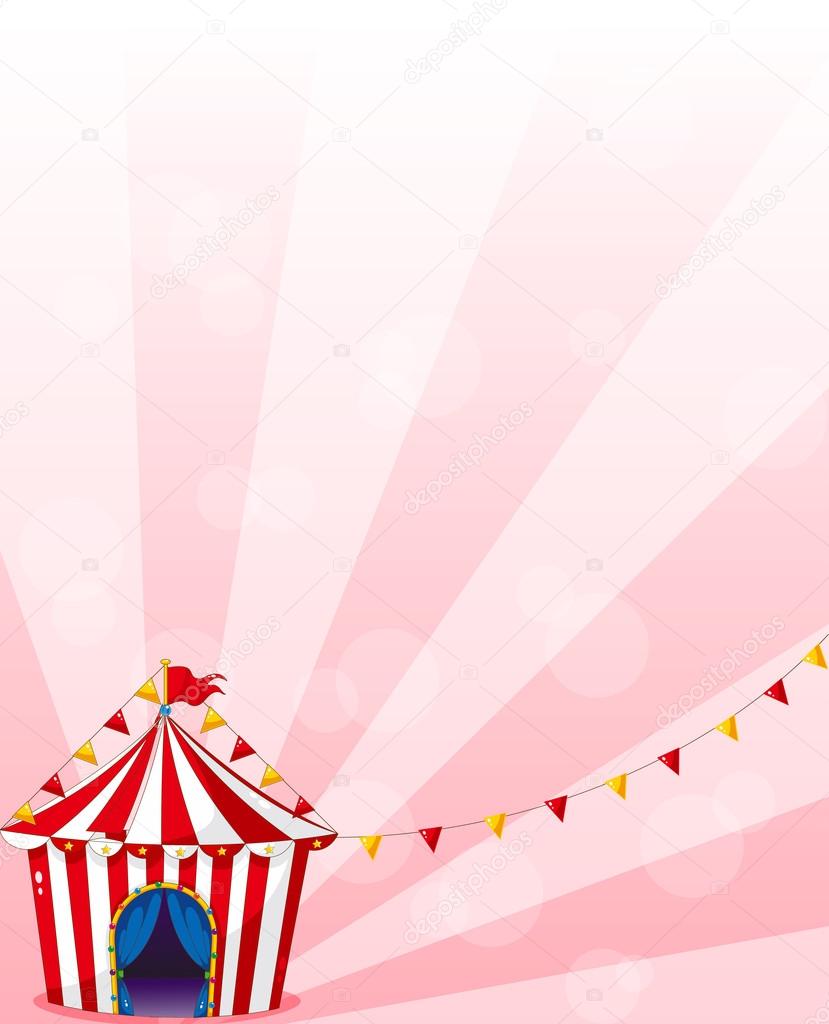 A red circus tent with banners