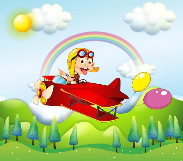 A monkey riding on a red plane with two balloons — Stock Vector