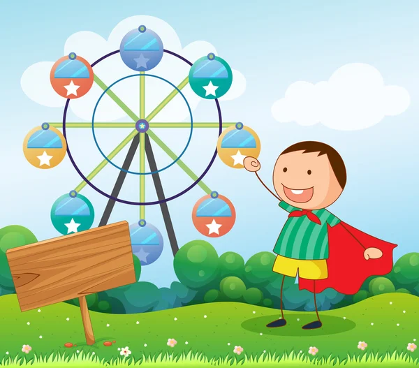 A boy in the hill with a wooden signboard and a ferris wheel at — Stock Vector