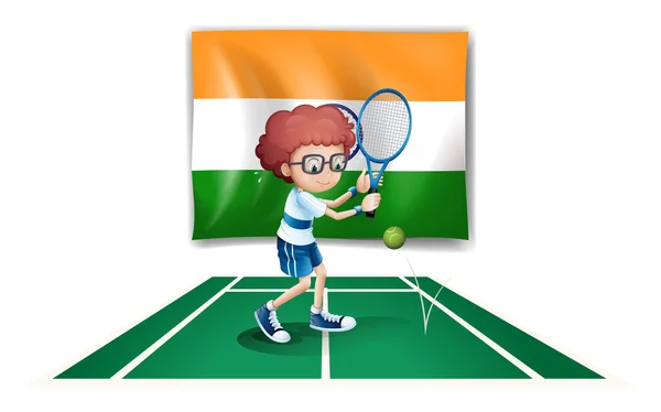 Un niño jugando al tenis frente a la bandera de Irlanda — Vector de stock