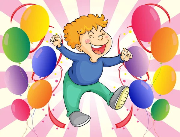 Bir çocuk onun yanında balonlarla atlama — Stok Vektör