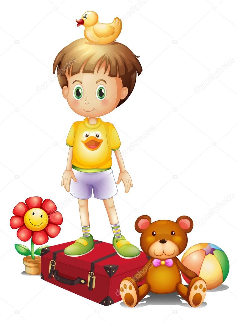 A boy above the red box with his different toys