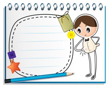 bir defter ile saati izleyen bir çocuk bir kroki