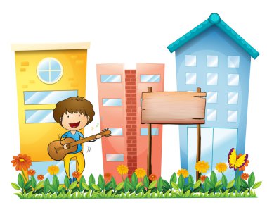 bir çocuk gitar yanında boş bir ahşap tabela