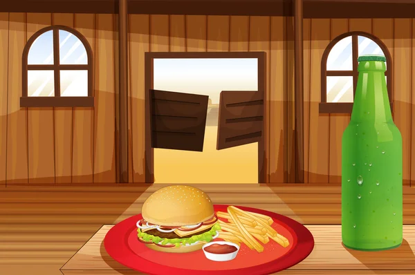 Una hamburguesa con papas fritas en un plato rojo y una botella de refresco — Vector de stock