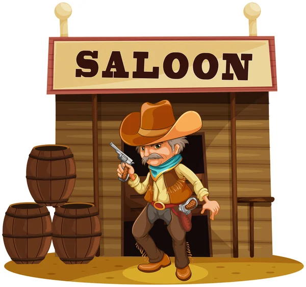 A man holding a gun in front of a saloon bar — Stock Vector