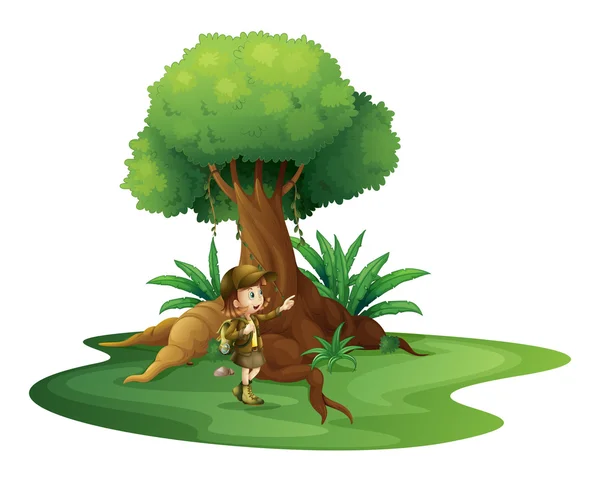 Una chica parada cerca del gran árbol — Vector de stock