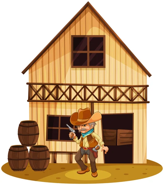 Un hombre sosteniendo un arma frente a una casa de madera — Vector de stock