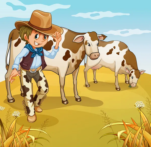 Un cow-boy avec deux vaches mangeant — Image vectorielle