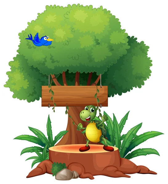 A turtle with a blue bird and a wooden signboard at the back — Stock Vector