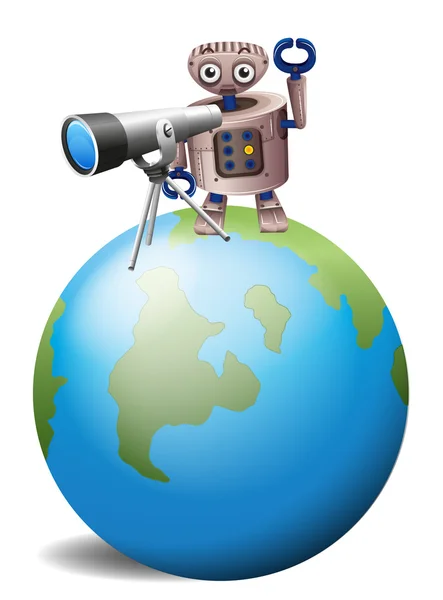 A robot with a telescope above a globe — Stock Vector