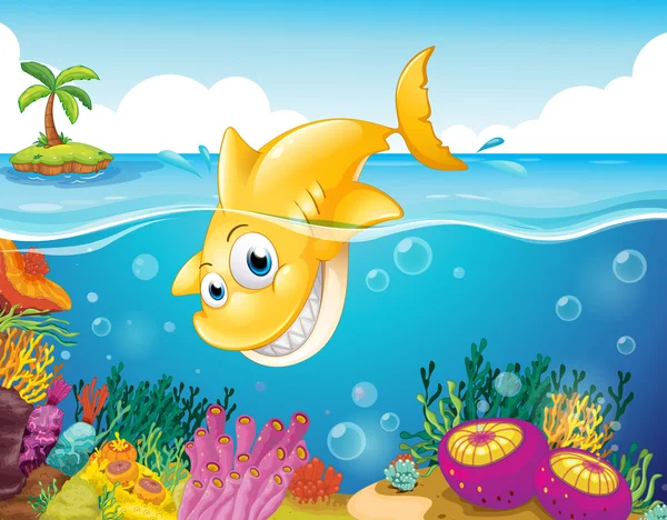 A yellow shark diving into the sea — Stock Vector