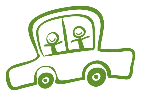 与两个孩子骑着一辆绿色的车 — 图库矢量图片