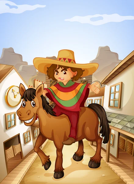 A young man with his horse strolling at the village — Stock Vector
