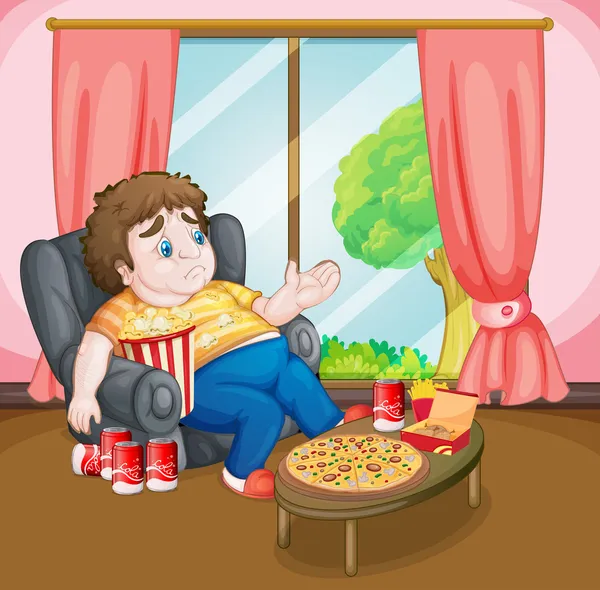 Um menino gordo com muitos alimentos —  Vetores de Stock