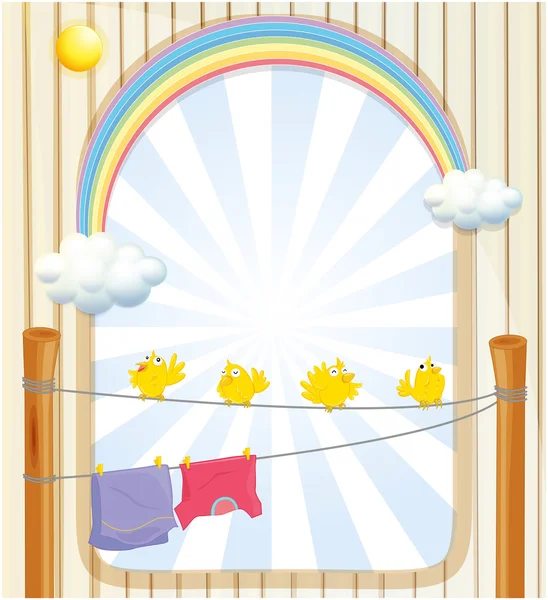 Quatre oiseaux jaunes et deux vêtements suspendus sous le soleil — Image vectorielle