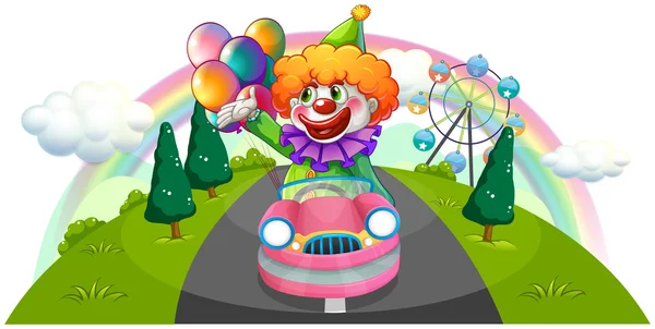 A happy clown riding in a pink car — Stock Vector
