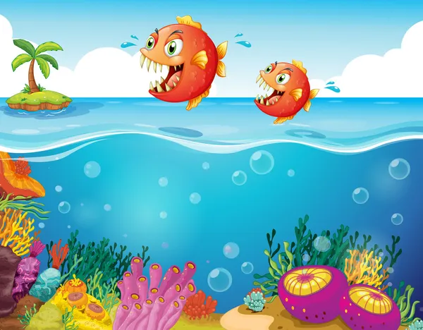 Two scary piranhas at the sea — Stock Vector