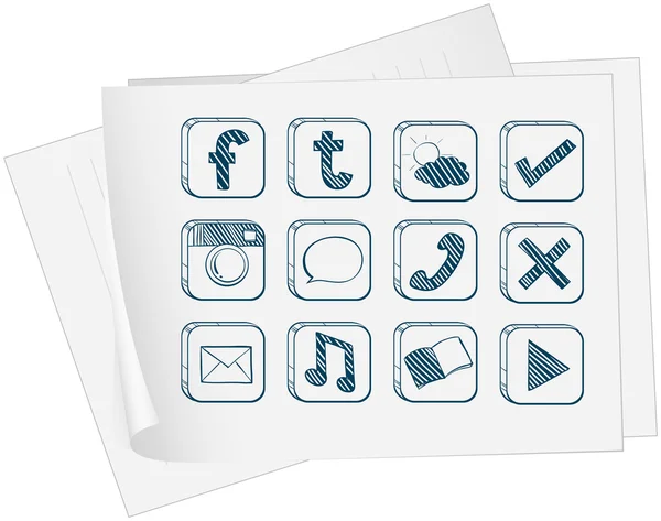 Un foglio con uno schizzo delle diverse icone — Vettoriale Stock