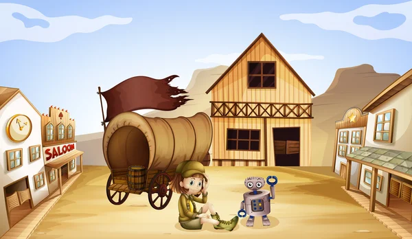 Um robô e uma menina ao lado de uma carroça — Vetor de Stock