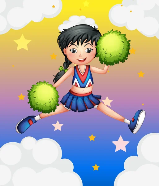 A cheerleader jumping with her green pompoms — Stock Vector