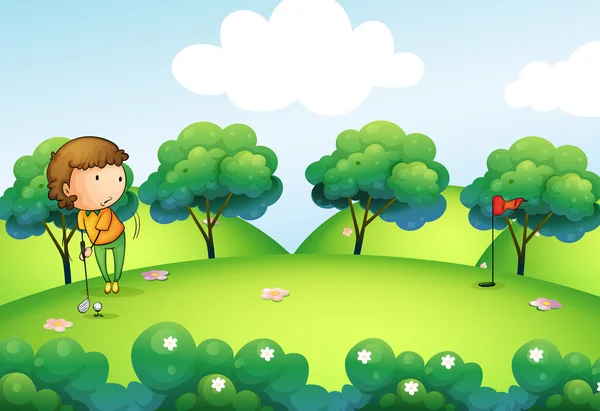 A girl playing golf at the top of the hill — Stock Vector