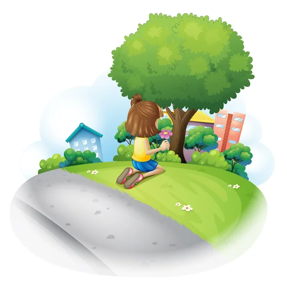 A young girl picking a flower in the garden — Stock Vector