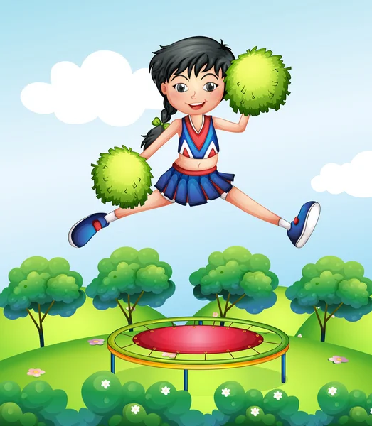 A cheerleader jumping with her green pompoms above a trampoline — Stock Vector