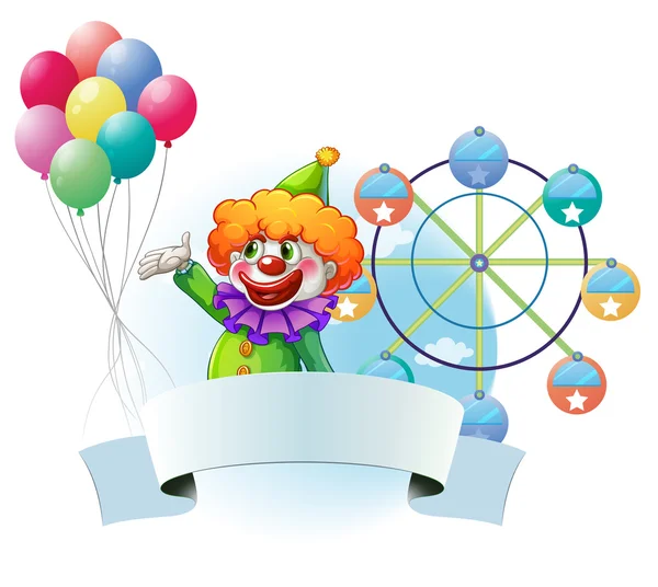 A clown with balloons, an empty banner and a ferris wheel at the — Stock Vector