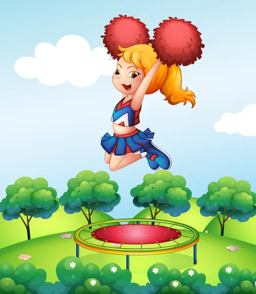 A cheerdancer holding her red pompoms above the trampoline — Stock Vector