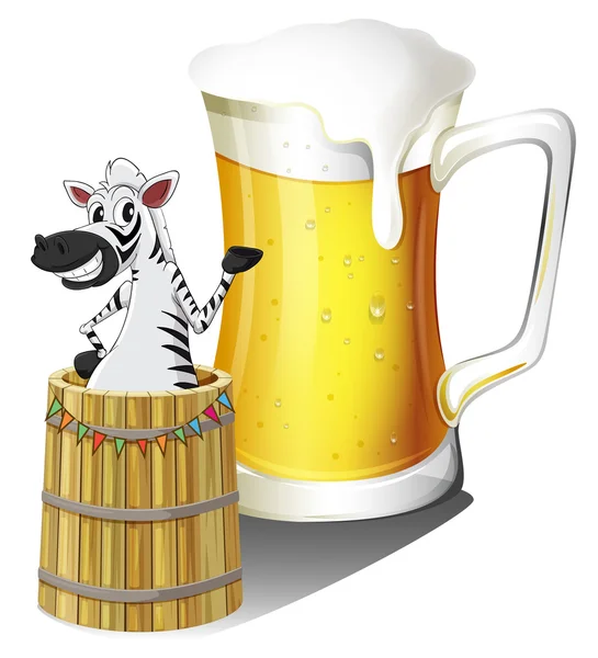 Uma zebra dentro de um recipiente de madeira com um copo de cerveja no ba — Vetor de Stock