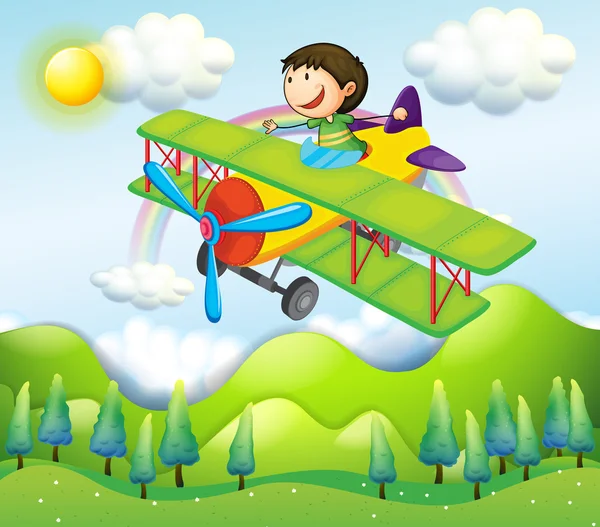Un giovane uomo che cavalca su un aereo colorato — Vettoriale Stock