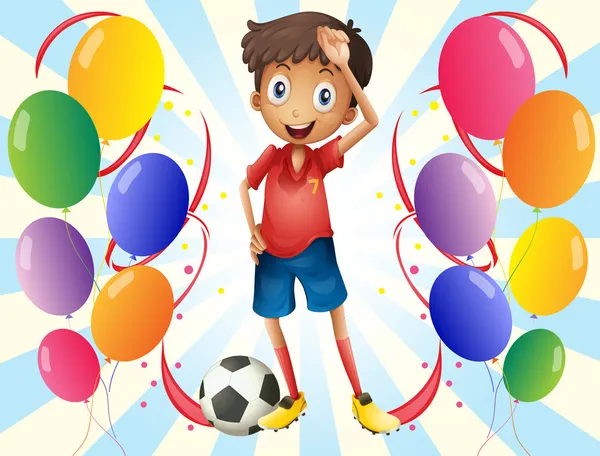 A soccer player in the middle of the balloons — Stock Vector