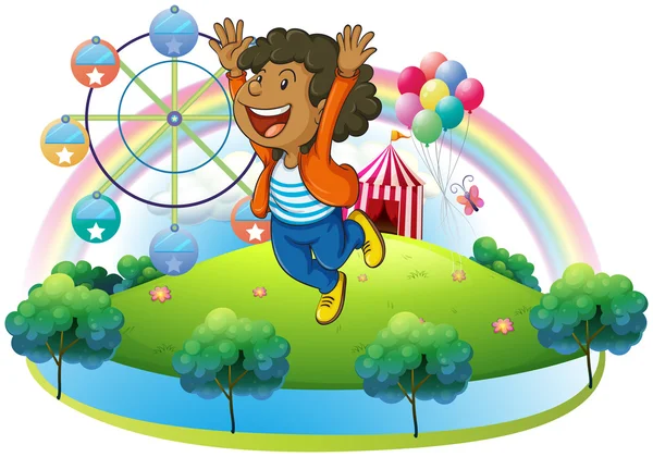 Un niño feliz en la colina con un carnaval — Vector de stock