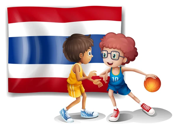 Two boys playing basketball in front of the Thailand flag — Stock Vector