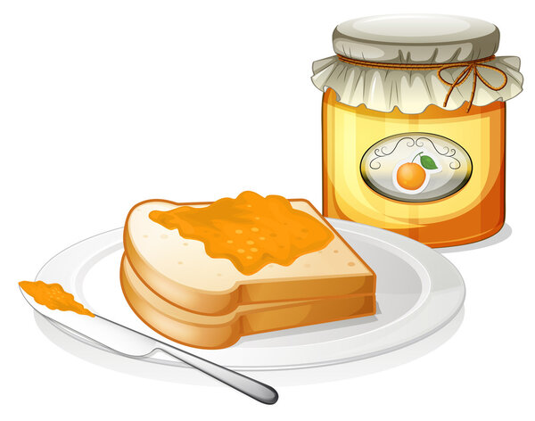 A sandwich in a plate with an orange jam
