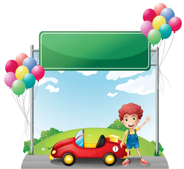 A boy with his red car below an empty board — Stock Vector