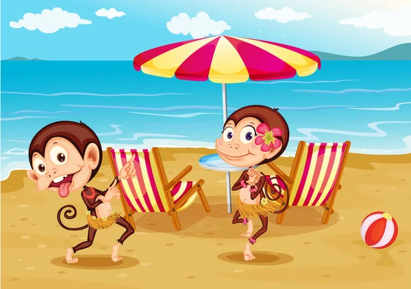 Una playa con dos monos — Vector de stock